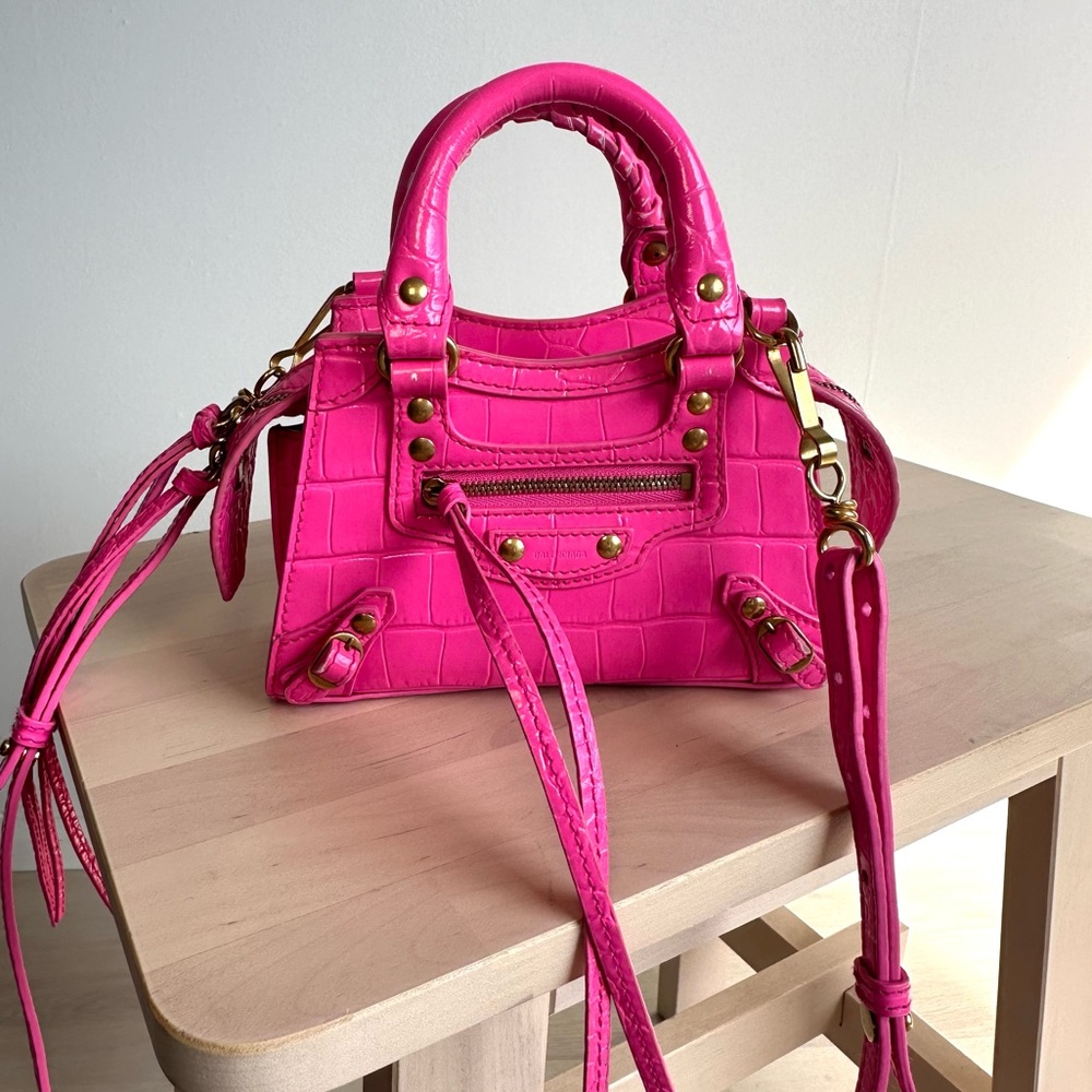 Balenciaga Neo Classic Nano Size In Bright Pink Croco Leather